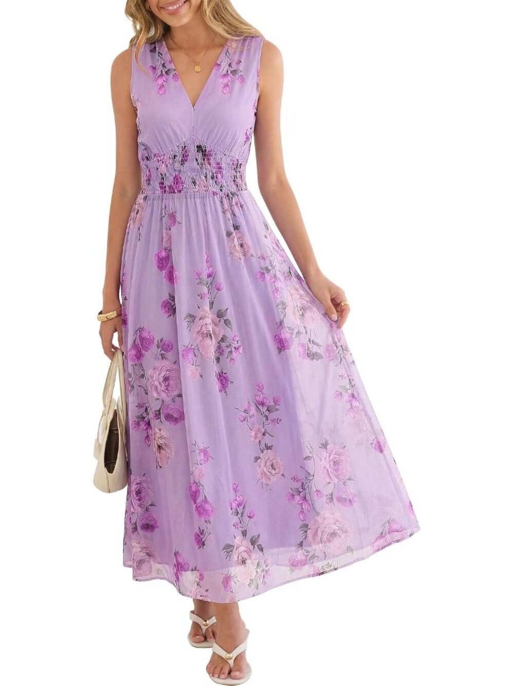 Women's Purple Floral Tulle V Neck Sleeveless Summer Wedding Guest Maxi Dress